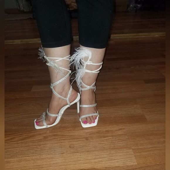 Rhinestone Embellished Open Square Toe Strappy Lace Up Heels - White new - Picture 10 of 12